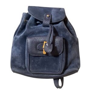Gucci Vintage Navy Blue Suede & Leather Bamboo Handle Mini Backpack Auth